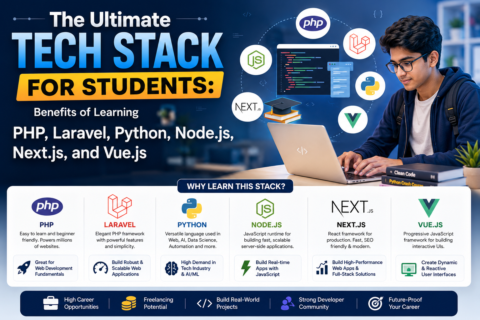 The Ultimate Tech Stack for Students: Benefits of Learning PHP, Laravel, Python, Node.js, Next.js, and Vue.js